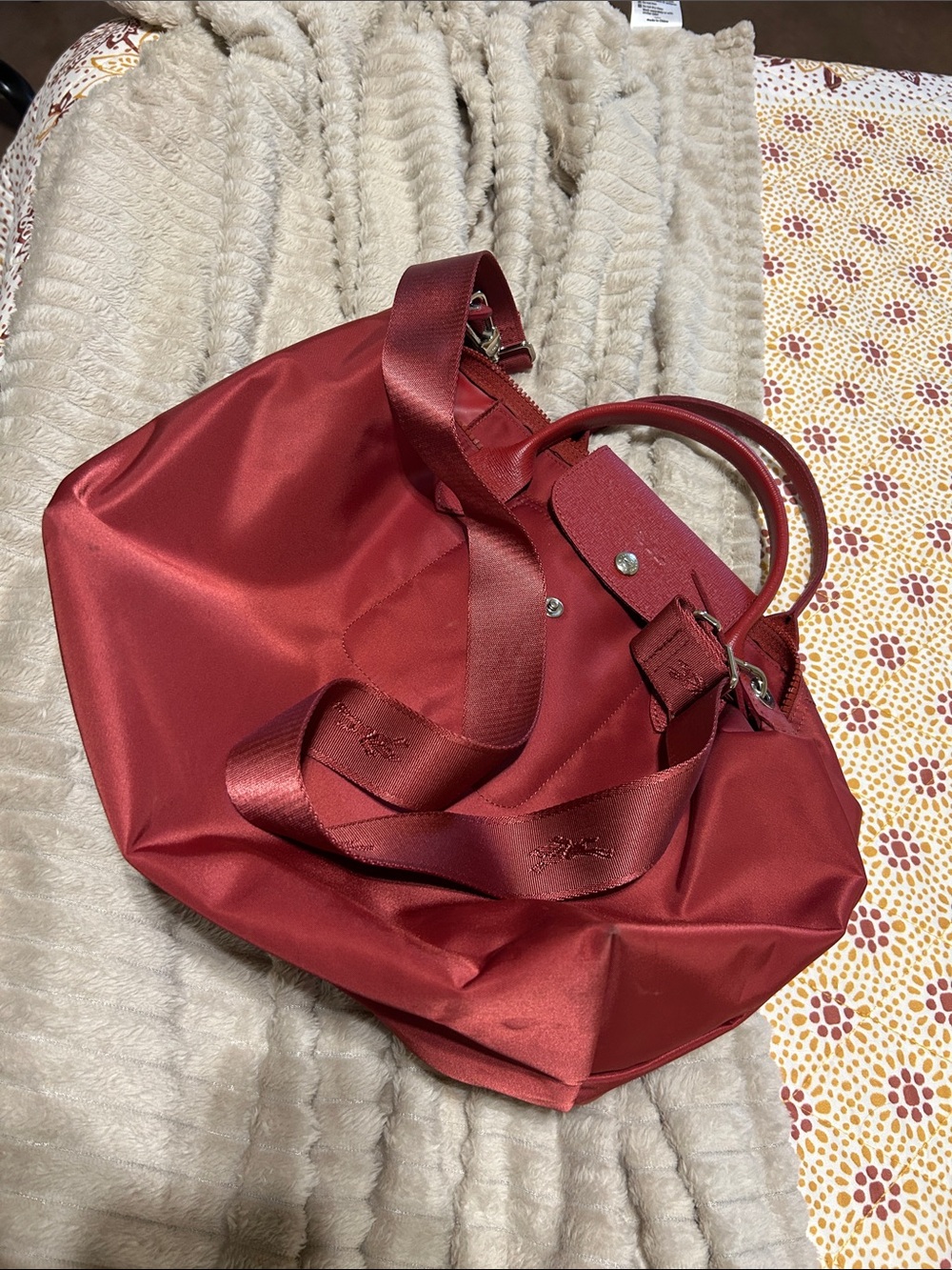 Longchamp Neo Leather-Trim Convertible Top Handle Bag Color Dark red